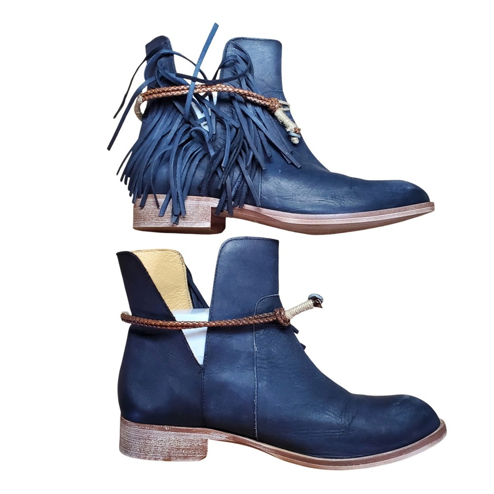 Matisse Navy Blue Distressed Leather Fringe Ankle Boots Spain Womens 8M